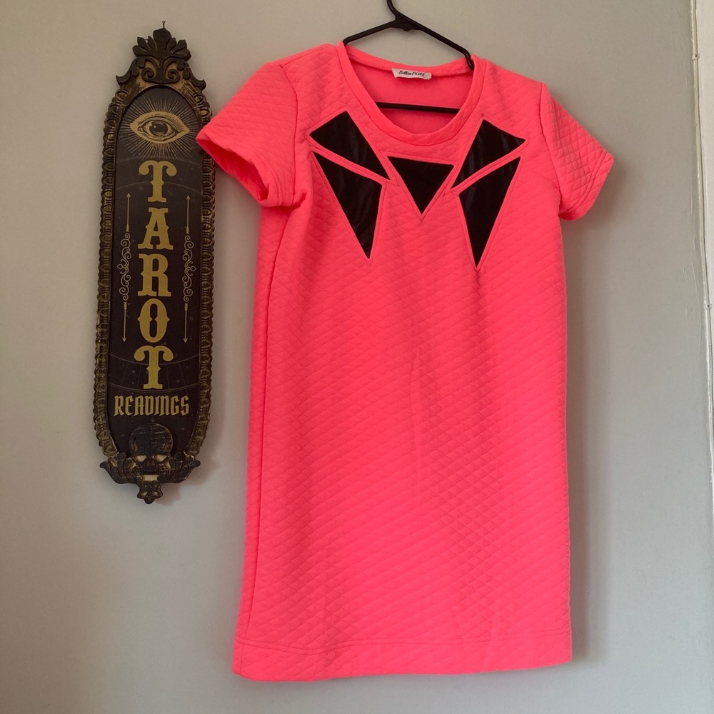Neon Pink Vegan Leather 80s retro T-shirt dress